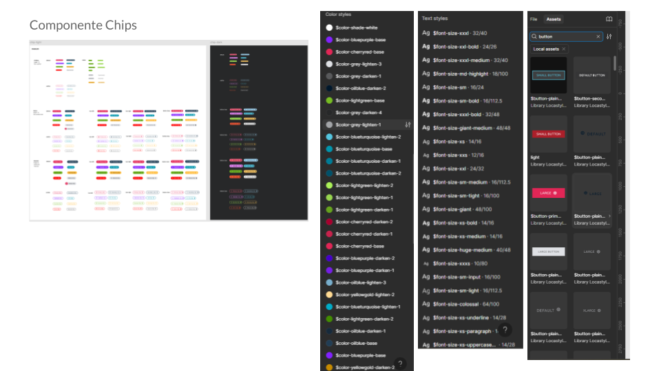 A imagem contém elementos do design system antigos, os componentes de chips, uma enorme quantidade de tokens de cores e variações do componente de botões.